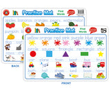 Double-sided laminated Practise Mat showing front and back designs. Front features colourful illustrated vocabulary categories including yellow orange red pink purple blue green colour words with flower icons, circle square triangle rectangle star shapes, and plane train boat bus truck vehicles. Back displays fruits including apples bananas oranges pears watermelon, vegetables like pumpkin, plus farm animals cows sheep cat, and household items bath hat shoes bed book home.