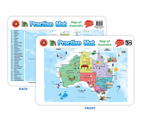 Double-sided laminated Practise Mat featuring a colourful Map of Australia on the front, showing states and territories in different colours with iconic Australian animals and landmarks illustrated. The back displays a list of Australian states and capitals. Mat has rounded corners and educational content for learning geography.