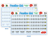 Double-sided laminated Practise Mat showing front and back views. Front displays Numbers 1-100 in rows of 20, with place value examples showing 1,000 up to 1,000,000,000. Back features number writing practice lines with dotted numerals for tracing. Educational maths learning resource with wipeable surface for repeated use.