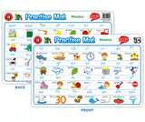 Double-sided Practise Mat Phonics showing front and back layouts with colourful illustrated phonics examples. Grid format displays letter combinations like 'spl', 'squ', 'thr', 'bl', 'br', 'ch', 'cr', 'dr', 'fl' paired with vibrant cartoon images including animals, objects and children. Wipe-clean educational resource for early literacy learning with comprehensive phonetic sound coverage.