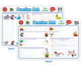 Double-sided Practise Mat showing front and back views with colourful illustrations and dotted line tracing exercises. Features animals, objects, and writing practice activities including "Pen Control" exercises. Mat includes instructional text with guided practice patterns, waves, and shapes to help develop fine motor skills and handwriting coordination.