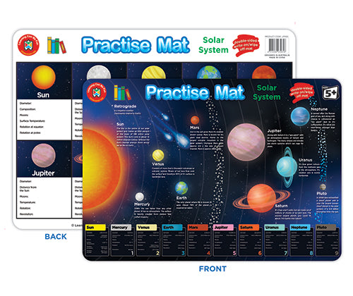 Practise Mat featuring the Solar System theme with vibrant illustrations of planets including the Sun, Mercury, Venus, Earth, Mars, Jupiter, Saturn, Uranus, and Neptune on a dark blue space background. The reverse side shows educational information panels about individual planets with descriptive text and data tables for student learning and reference.