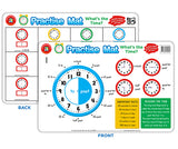 Double-sided Practise Mat showing front and back designs for learning to tell time. Front features a large blue clock face with "quarter to" and "past" labels, surrounded by smaller practice clocks. Back displays four blank clock faces with write-on spaces beneath. Yellow reference box includes important time-telling facts.