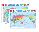 Two double-sided Practise Mat World Map educational mats displayed showing front and back views. The front features a detailed political world map with countries in various colours including pink, yellow, green, and orange against blue oceans. The back shows similar cartography with a country index. Both mats have rounded corners and the Practise Mat branding visible at the top.
