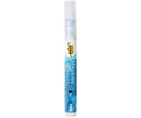 Solo Goya Masking Marker pen with clear cap and blue barrel featuring splattered paint design. The marker has a fine tip applicator for precise masking in watercolour and mixed media artwork, protecting areas from paint application.