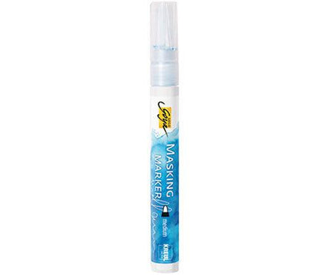 Solo Goya Masking Marker in a clear pen with blue gradient barrel and cap. The marker features a fine 1.5mm tip for precise masking in watercolour painting, protecting areas from paint application. Vertical text displays product name and brand on the pen body.