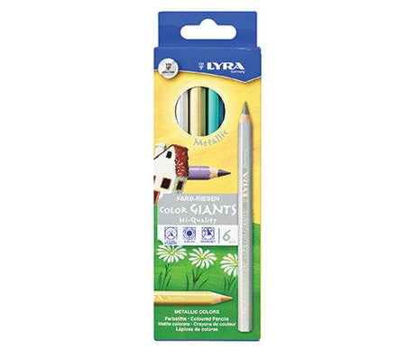Box of LYRA Color Giants metallic coloured pencils showing six chunky hexagonal pencils with white barrel through circular window. Packaging features illustration of coloured pencil shavings and white daisy flowers on green grass. Product labelled as pre-sharpened metallic colours, eco-friendly, and suitable for ages 3+.